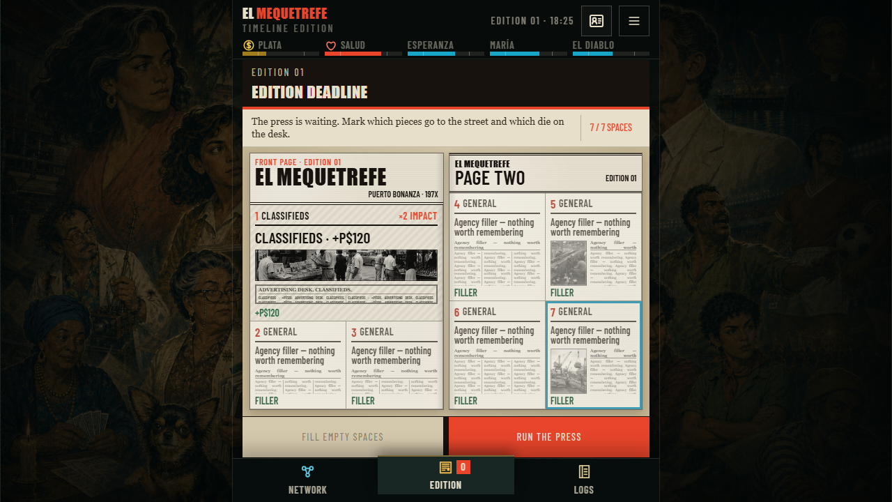 Actual El Mequetrefe Editorial Close interface with the newspaper composed and ready to print