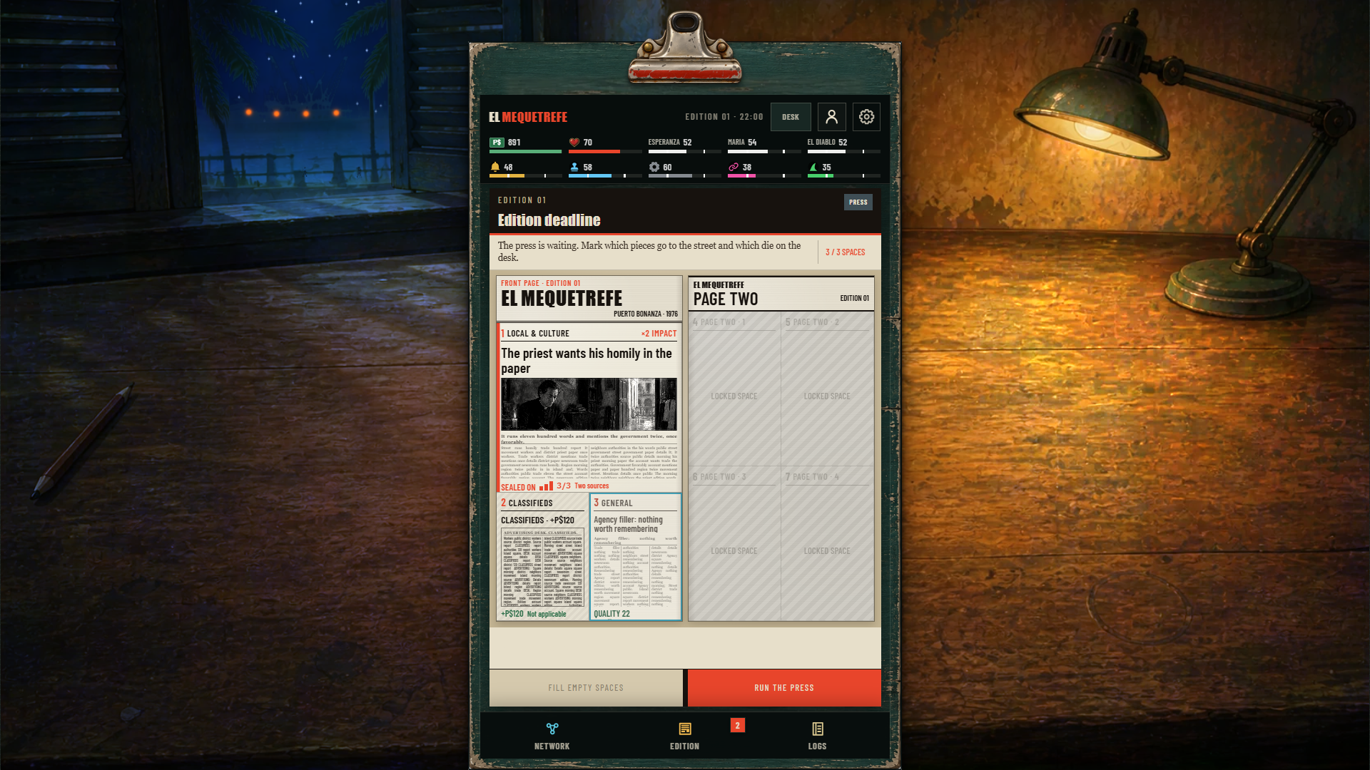 Actual gameplay: the completed front page at Editorial Close